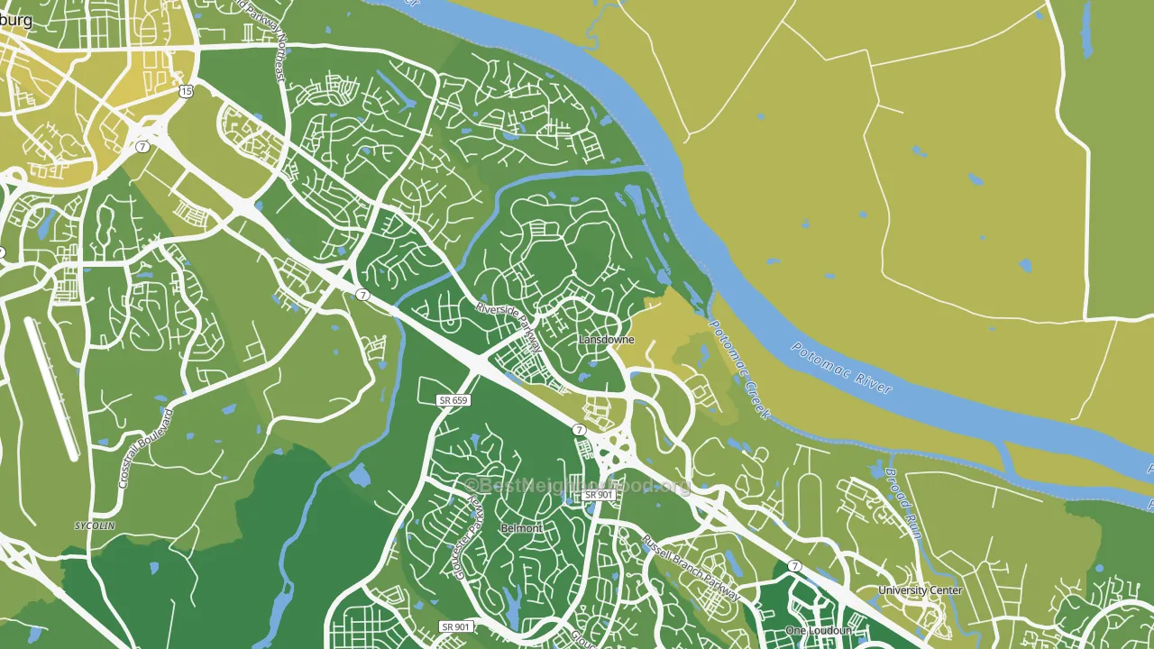 Map of the best neighborhoods in the Lansdowne area, with better matches in green and worse matches in red