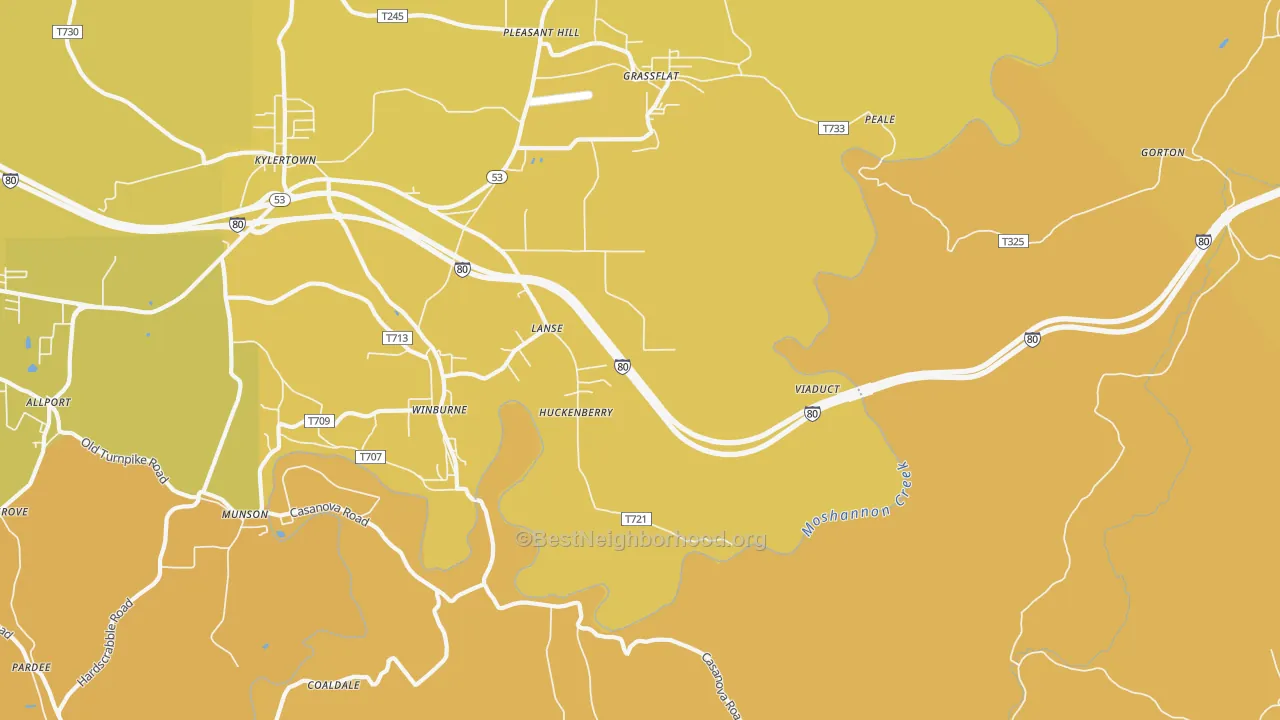 Map of the best neighborhoods in the Lanse area, with better matches in green and worse matches in red