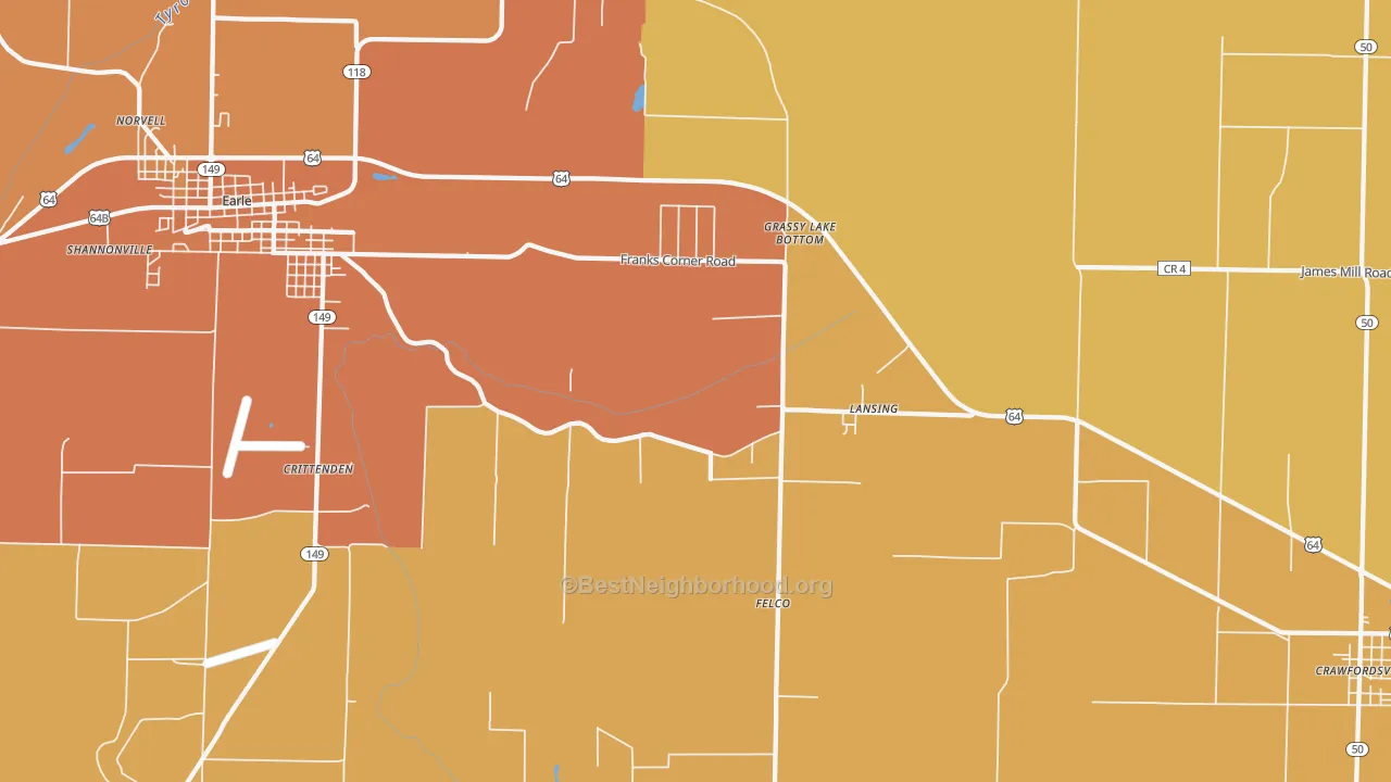 Map of the best neighborhoods in the Lansing area, with better matches in green and worse matches in red