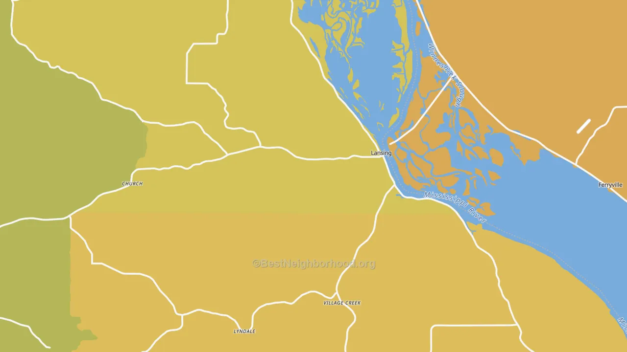 Map of the best neighborhoods in the Lansing area, with better matches in green and worse matches in red