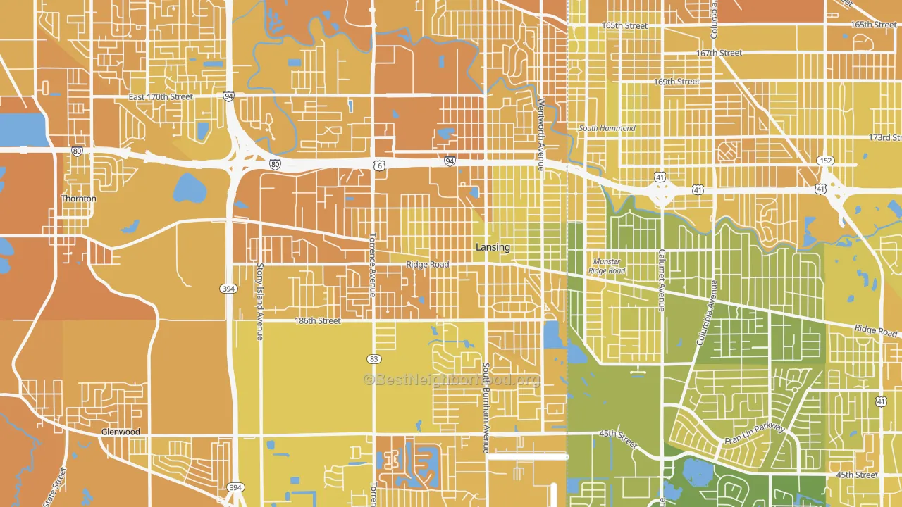Map of the best neighborhoods in the Lansing area, with better matches in green and worse matches in red