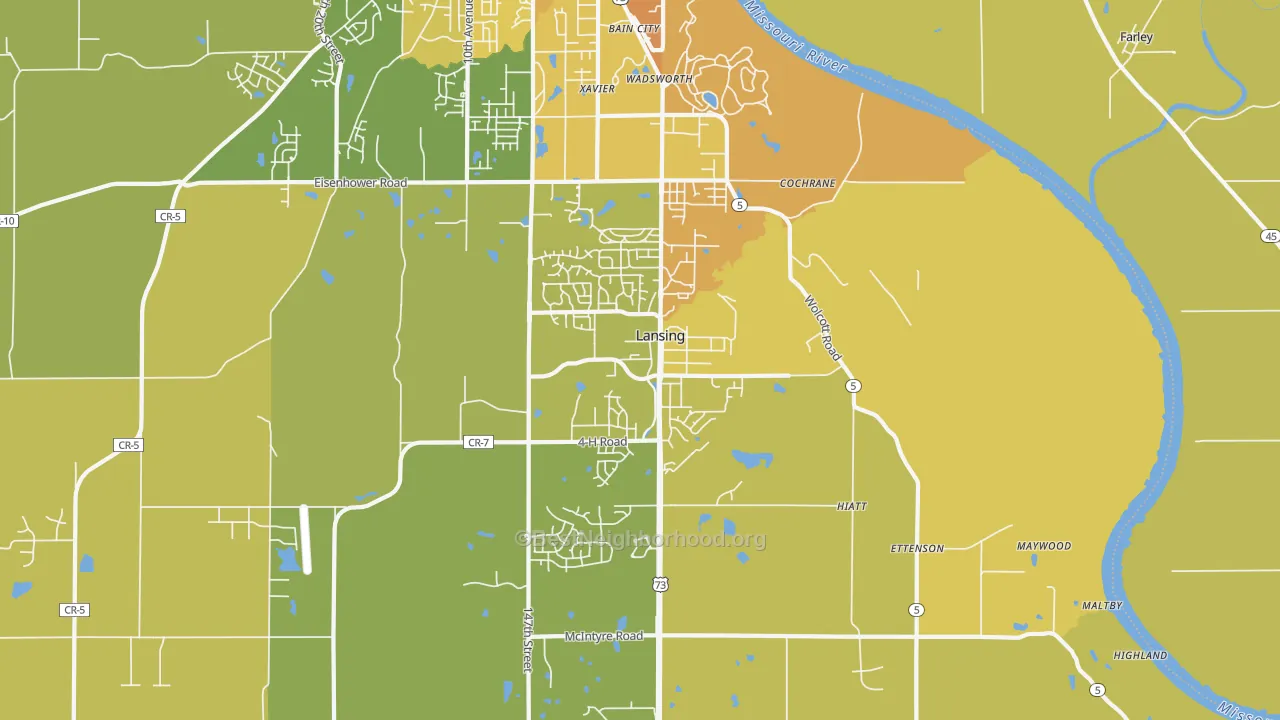 Map of the best neighborhoods in the Lansing area, with better matches in green and worse matches in red