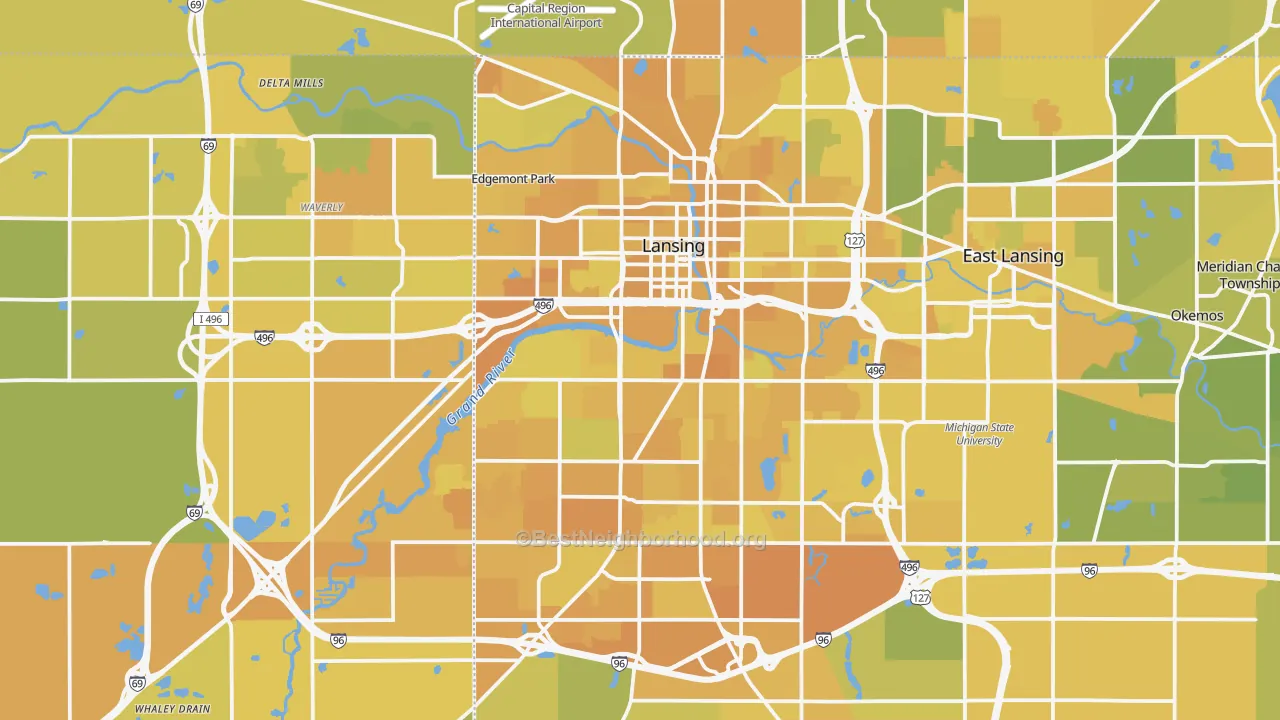 Map of the best neighborhoods in the Lansing Metro area, with better matches in green and worse matches in red