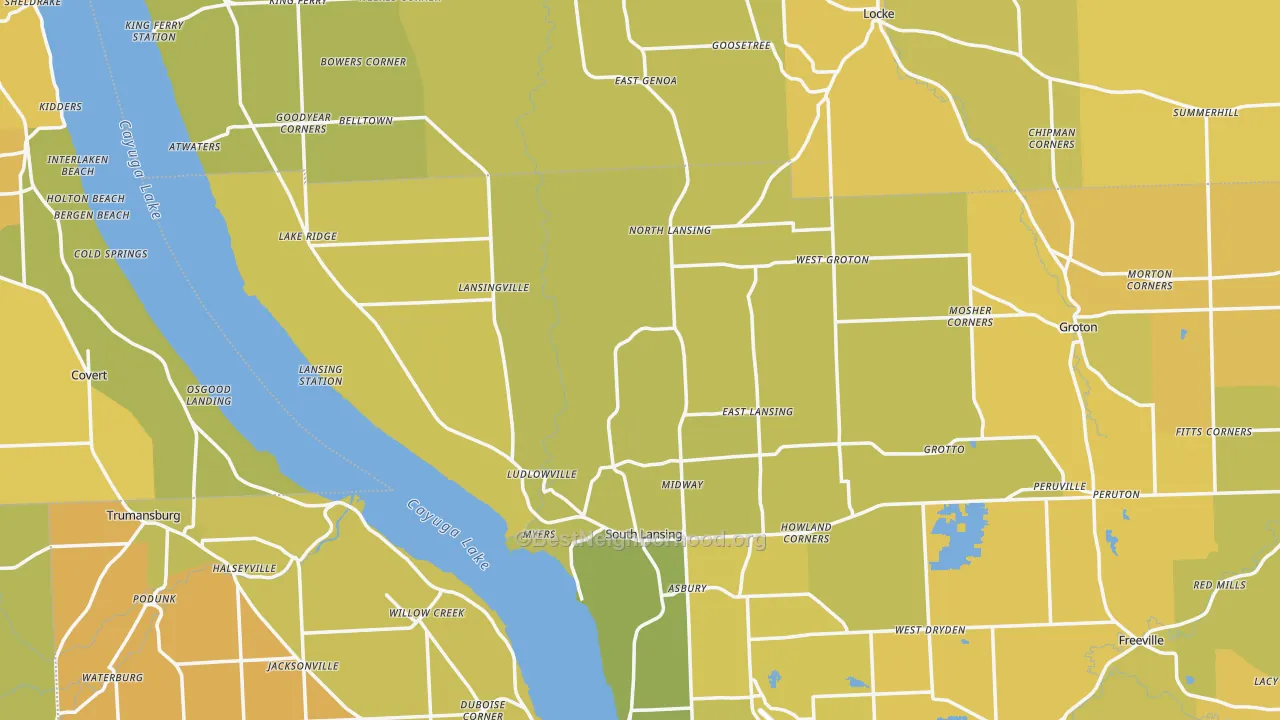 Map of the best neighborhoods in the Lansing area, with better matches in green and worse matches in red
