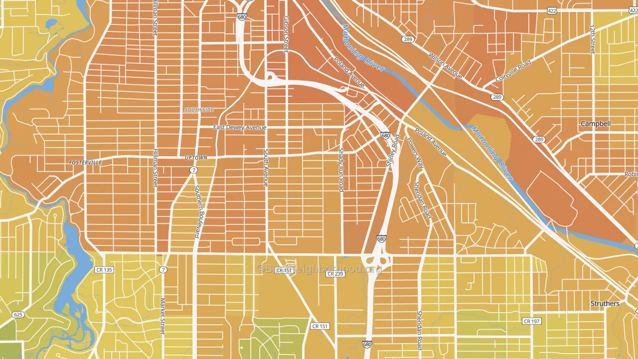 Map of the best neighborhoods in the Lansingville, Youngstown area, with better matches in green and worse matches in red
