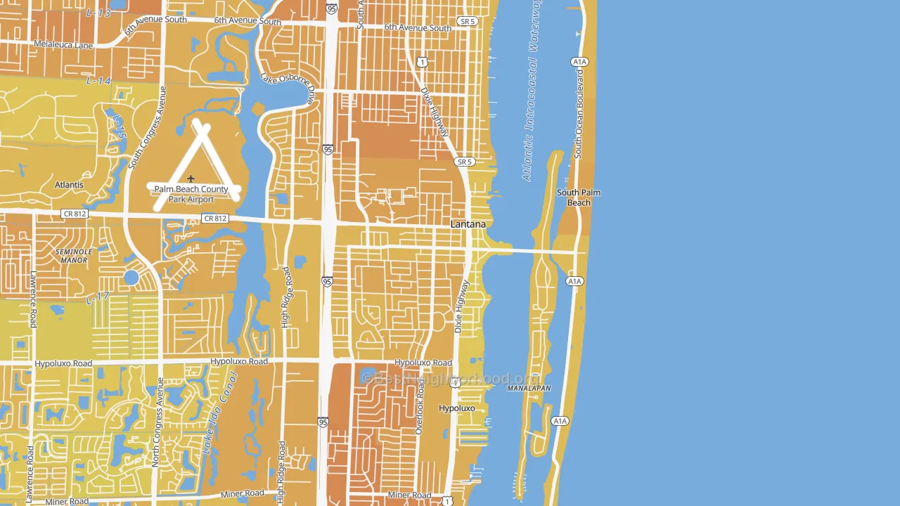 Map of the best neighborhoods in the Lantana area, with better matches in green and worse matches in red