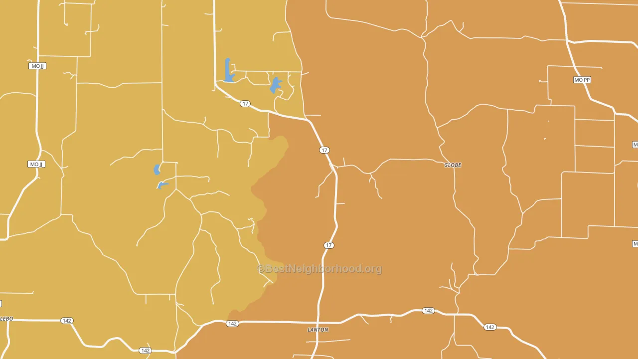 Map of the best neighborhoods in the Lanton area, with better matches in green and worse matches in red