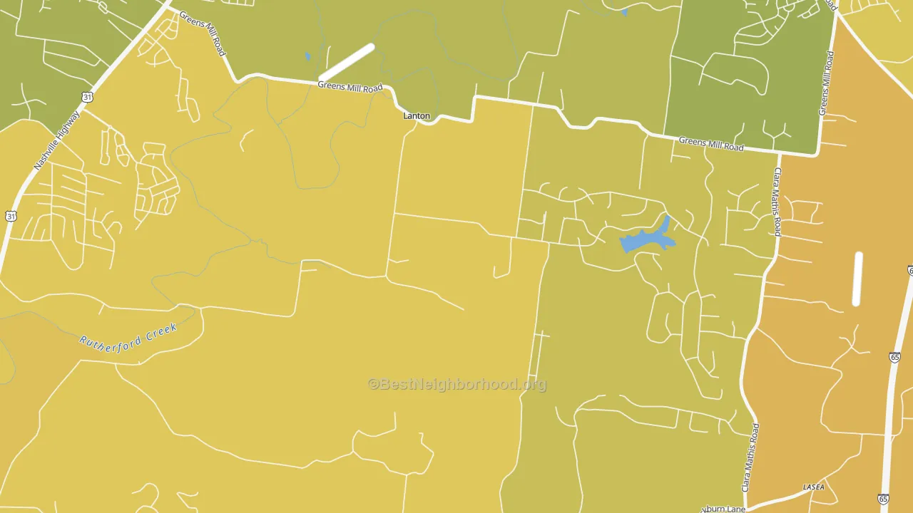 Map of the best neighborhoods in the Lanton area, with better matches in green and worse matches in red
