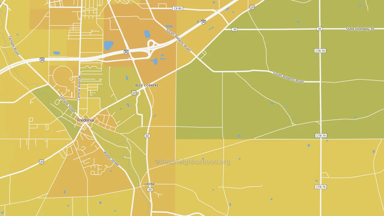 Map of the best neighborhoods in the Laona area, with better matches in green and worse matches in red