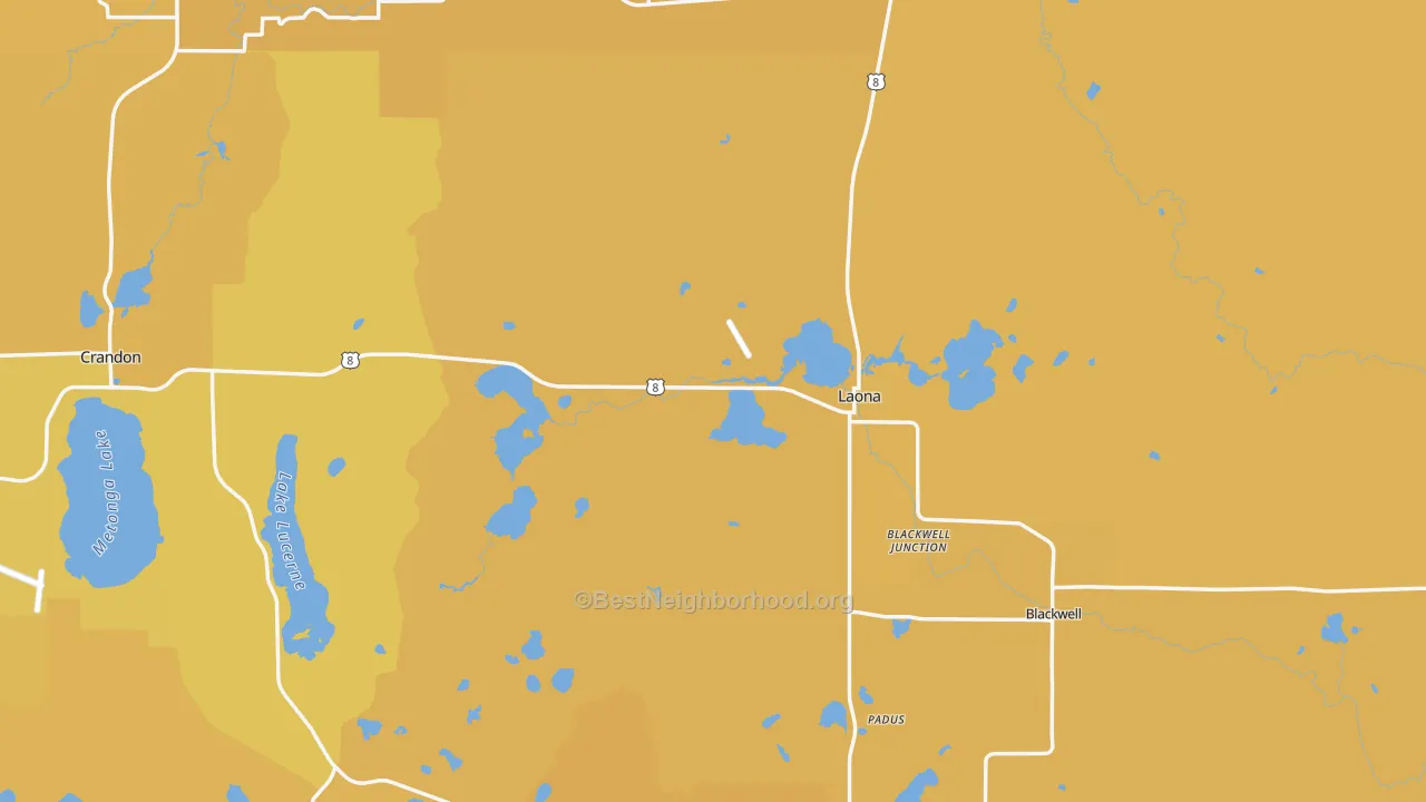 Map of the best neighborhoods in the Laona area, with better matches in green and worse matches in red