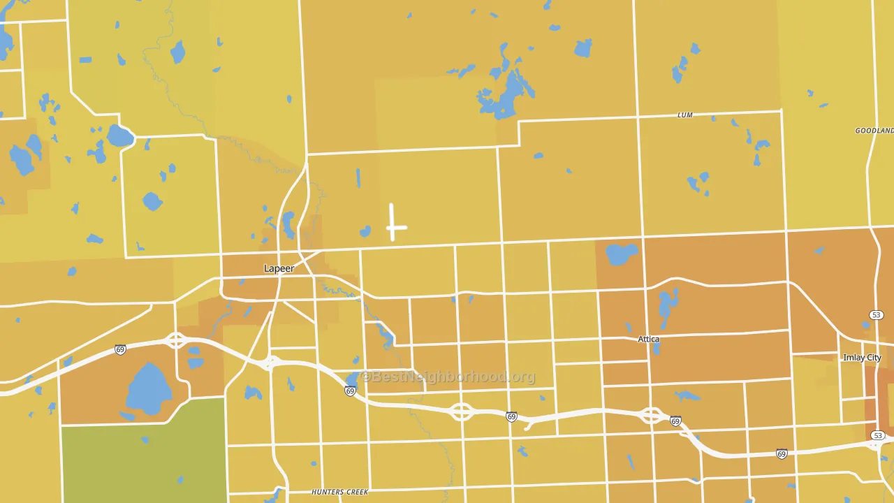 Map of the best neighborhoods in the Lapeer County area, with better matches in green and worse matches in red