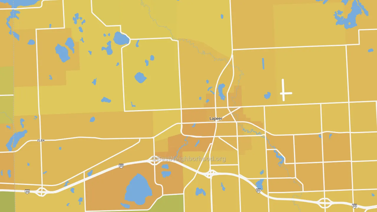 Map of the best neighborhoods in the Lapeer area, with better matches in green and worse matches in red