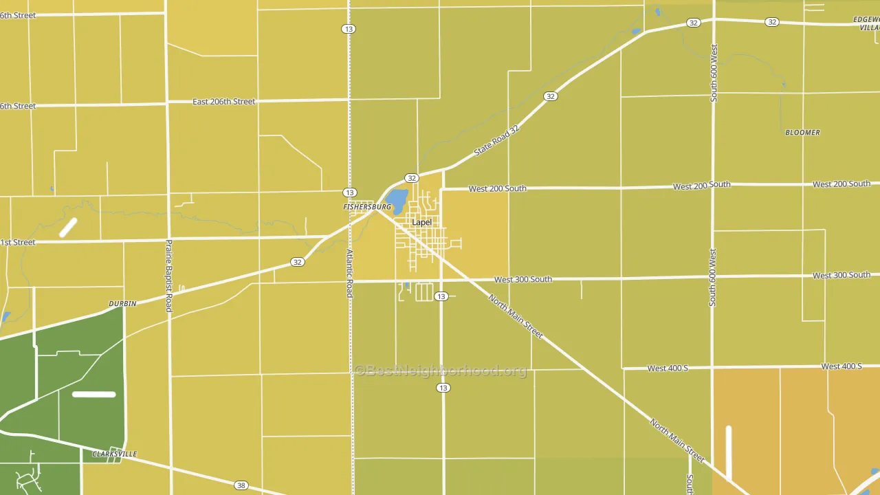 Map of the best neighborhoods in the Lapel area, with better matches in green and worse matches in red