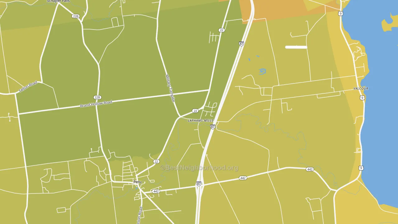 Map of the best neighborhoods in the Laphams Mills area, with better matches in green and worse matches in red