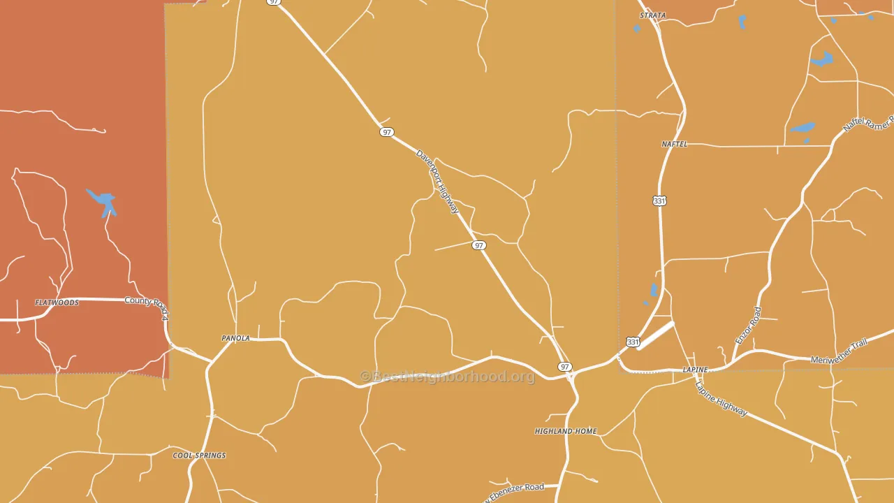 Map of the best neighborhoods in the Lapine area, with better matches in green and worse matches in red