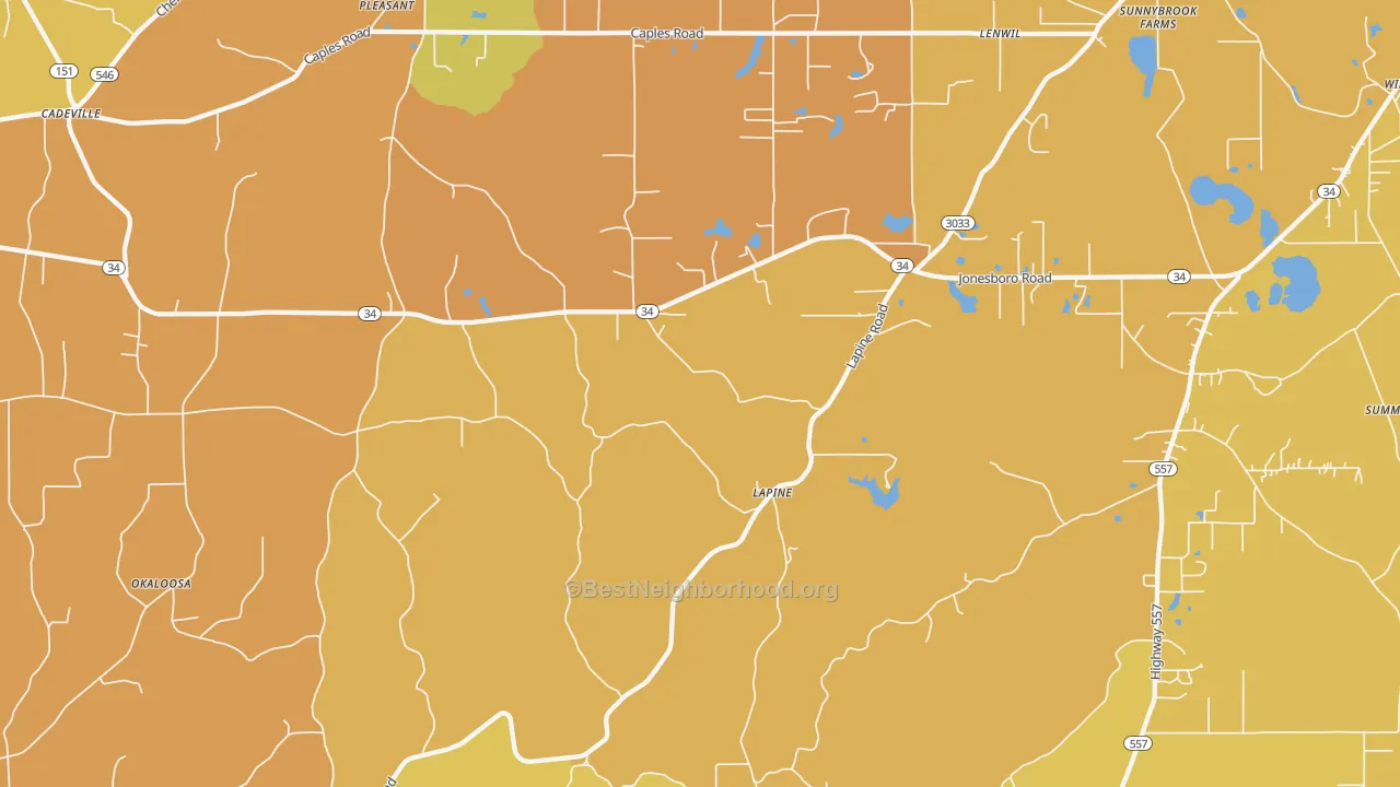 Map of the best neighborhoods in the Lapine area, with better matches in green and worse matches in red