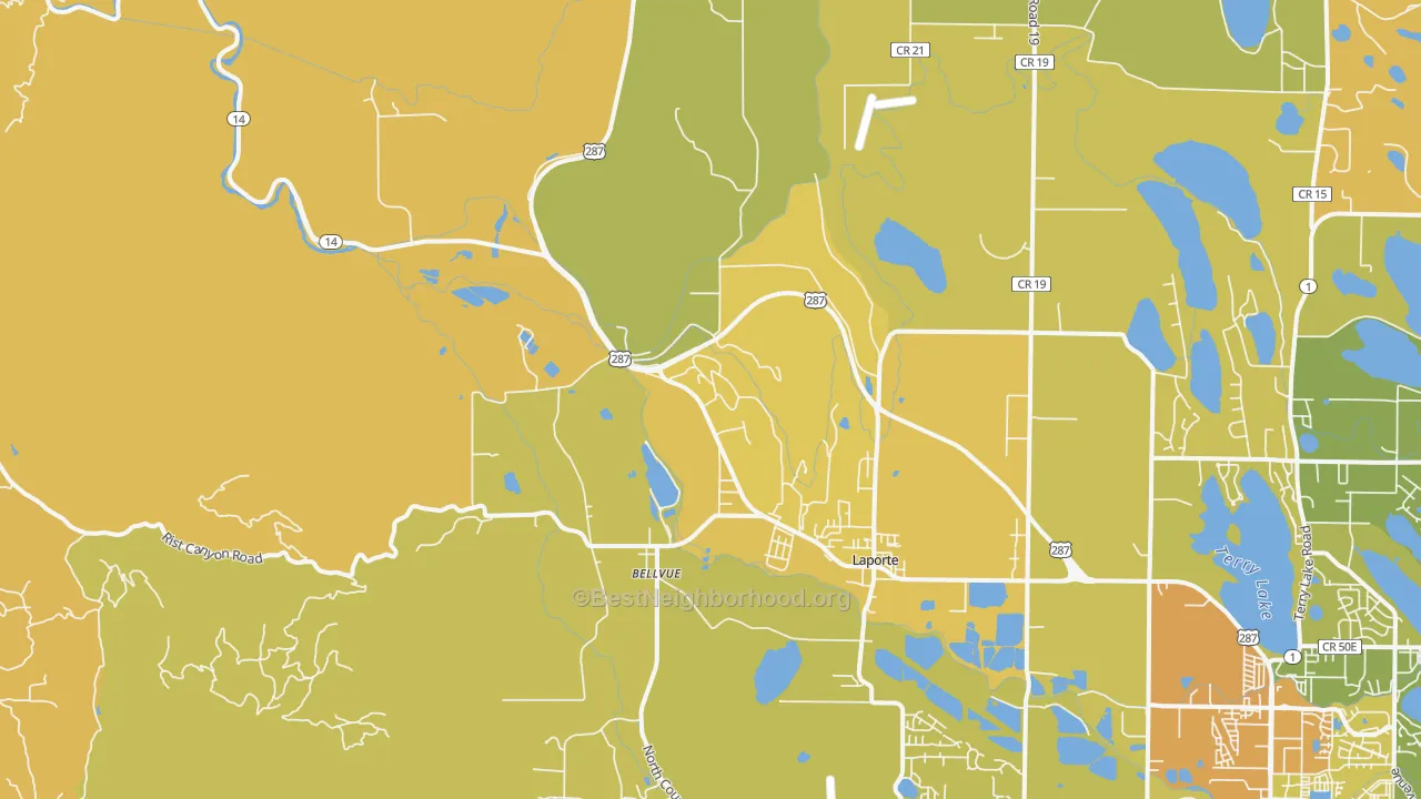 Map of the best neighborhoods in the Laporte area, with better matches in green and worse matches in red