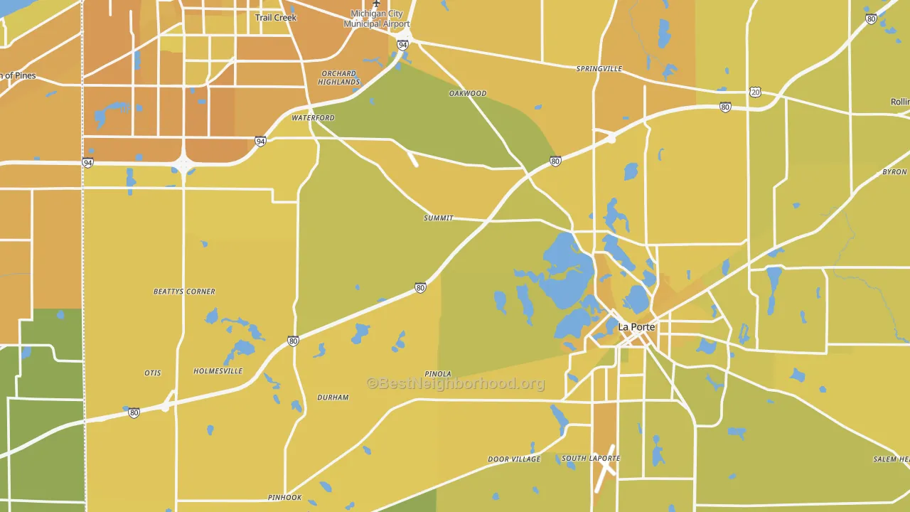 Map of the best neighborhoods in the LaPorte County area, with better matches in green and worse matches in red