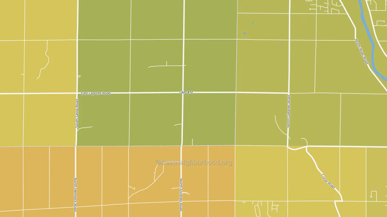 Map of the best neighborhoods in the Laporte area, with better matches in green and worse matches in red