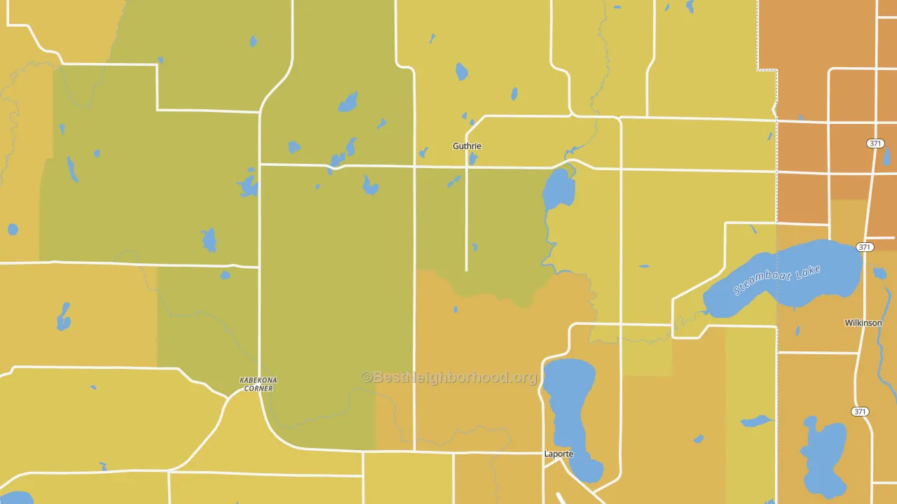 Map of the best neighborhoods in the Laporte area, with better matches in green and worse matches in red