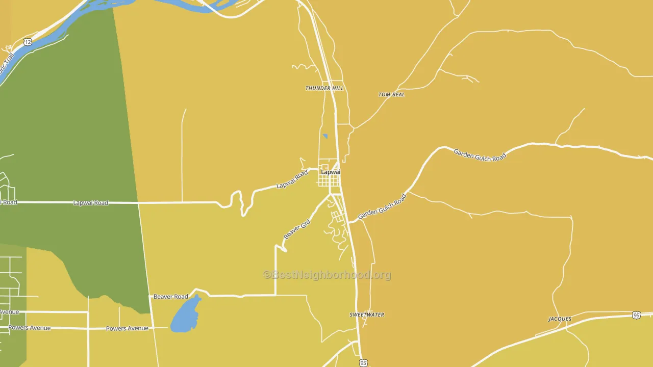 Map of the best neighborhoods in the Lapwai area, with better matches in green and worse matches in red