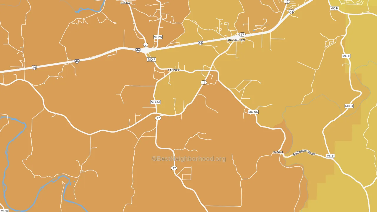 Map of the best neighborhoods in the Laquey area, with better matches in green and worse matches in red