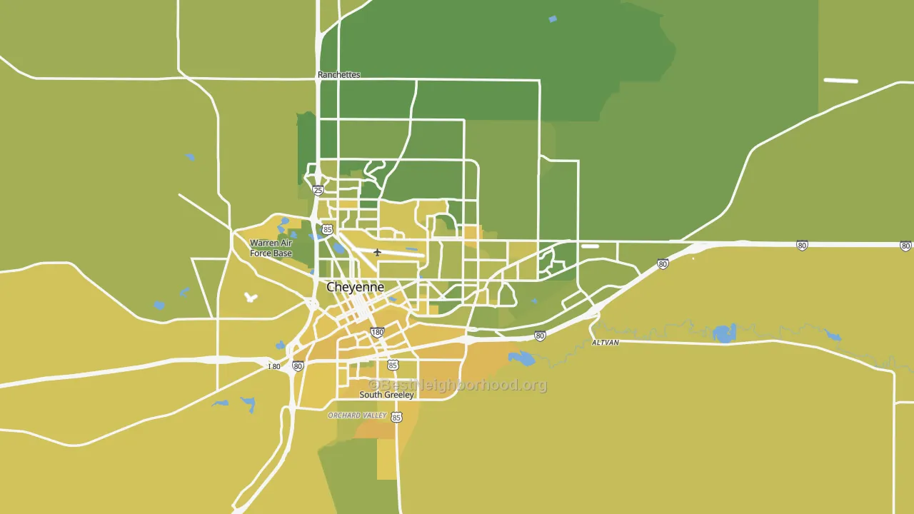 Map of the best neighborhoods in the Laramie County area, with better matches in green and worse matches in red