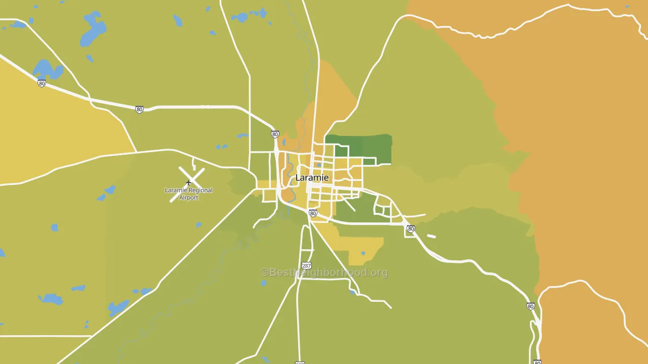 Map of the best neighborhoods in the Laramie area, with better matches in green and worse matches in red