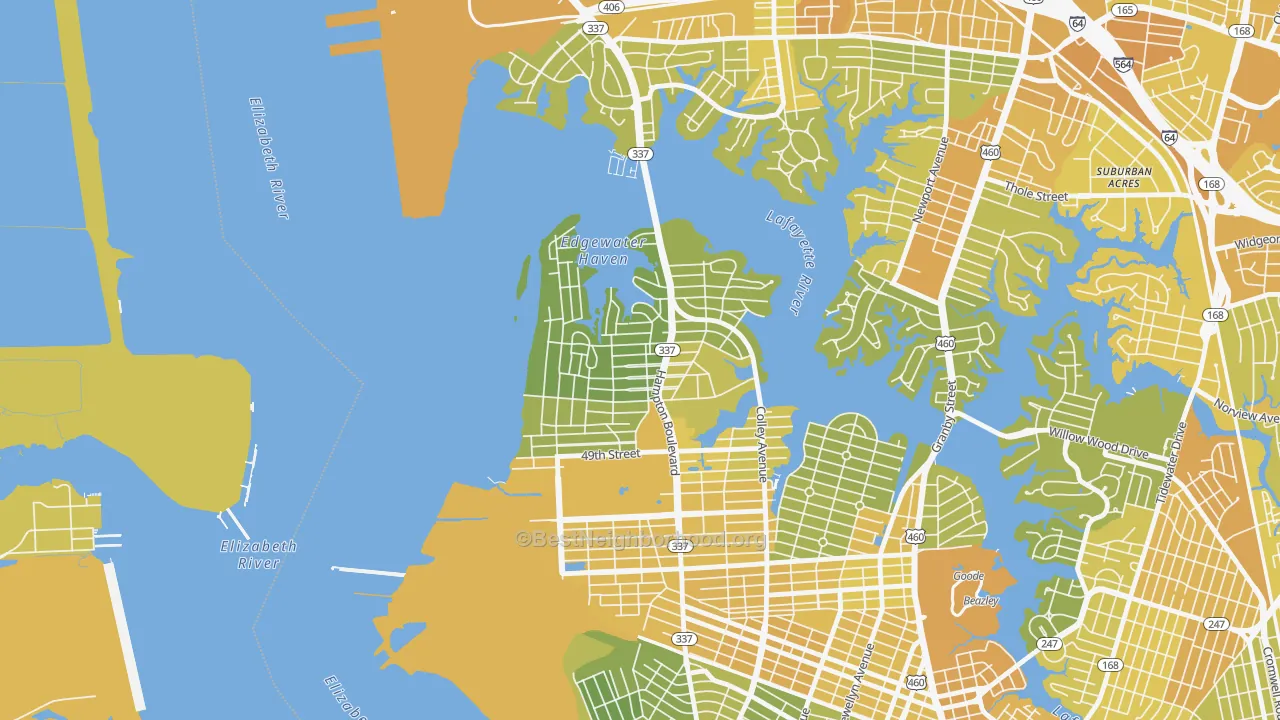 Map of the best neighborhoods in the Larchmont-Edgewater, Norfolk area, with better matches in green and worse matches in red