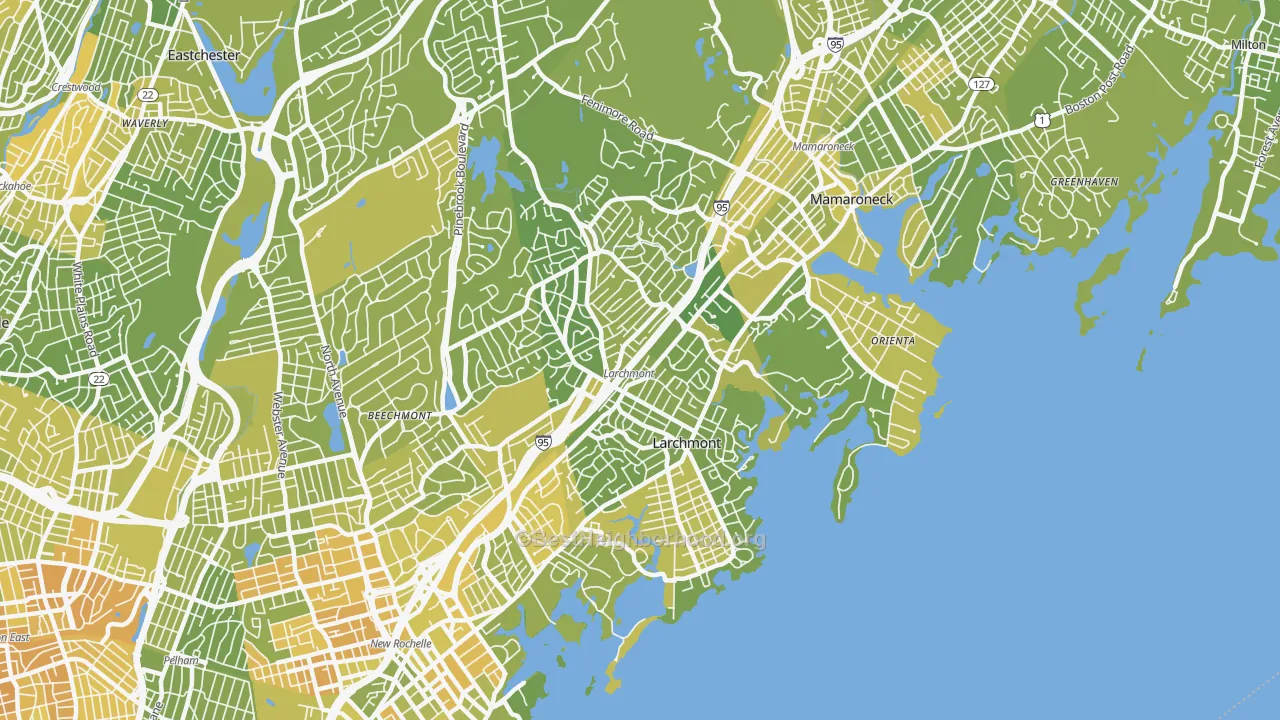 Map of the best neighborhoods in the Larchmont area, with better matches in green and worse matches in red