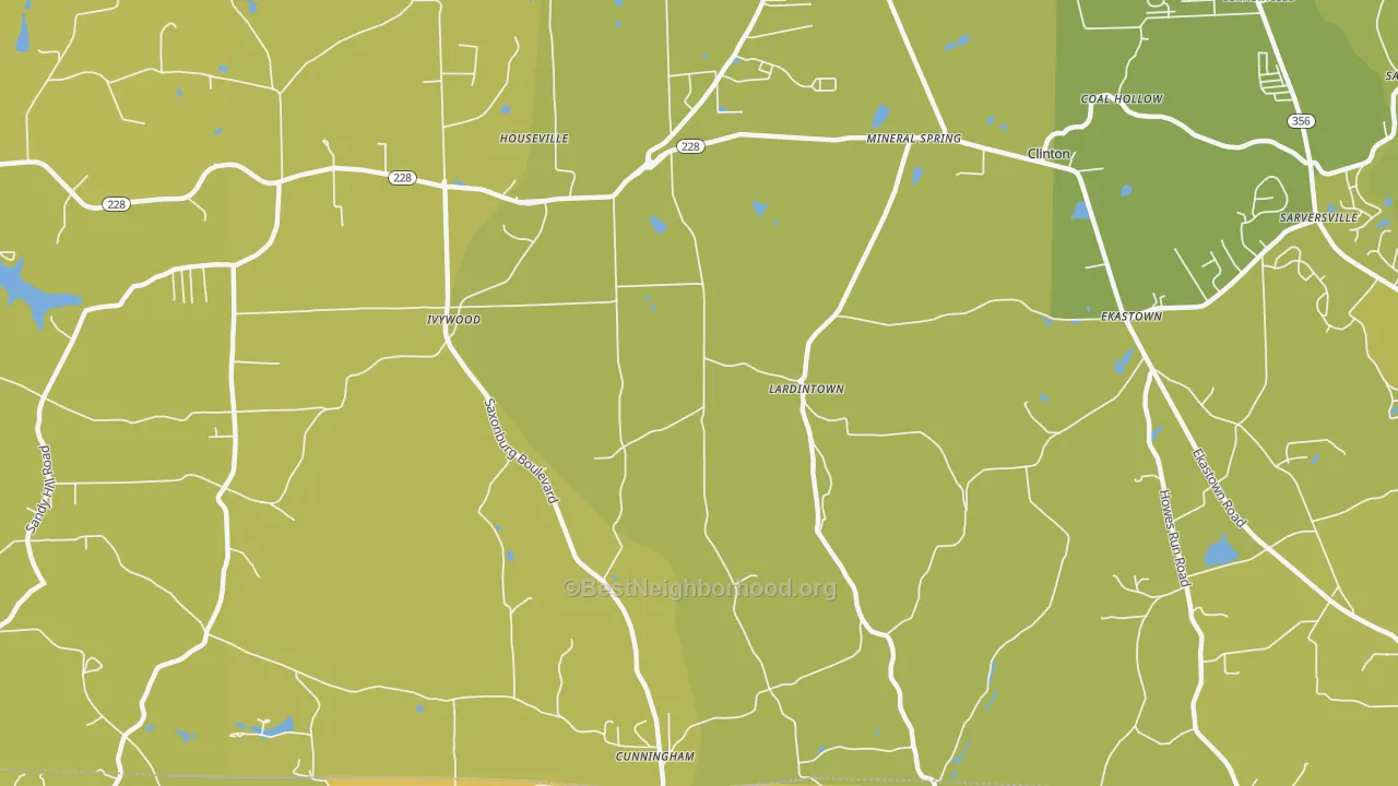 Map of the best neighborhoods in the Lardintown area, with better matches in green and worse matches in red