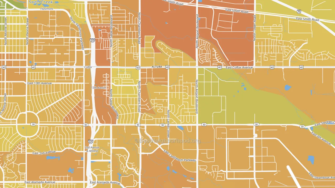 Map of the best neighborhoods in the Laredo Highline, Aurora area, with better matches in green and worse matches in red
