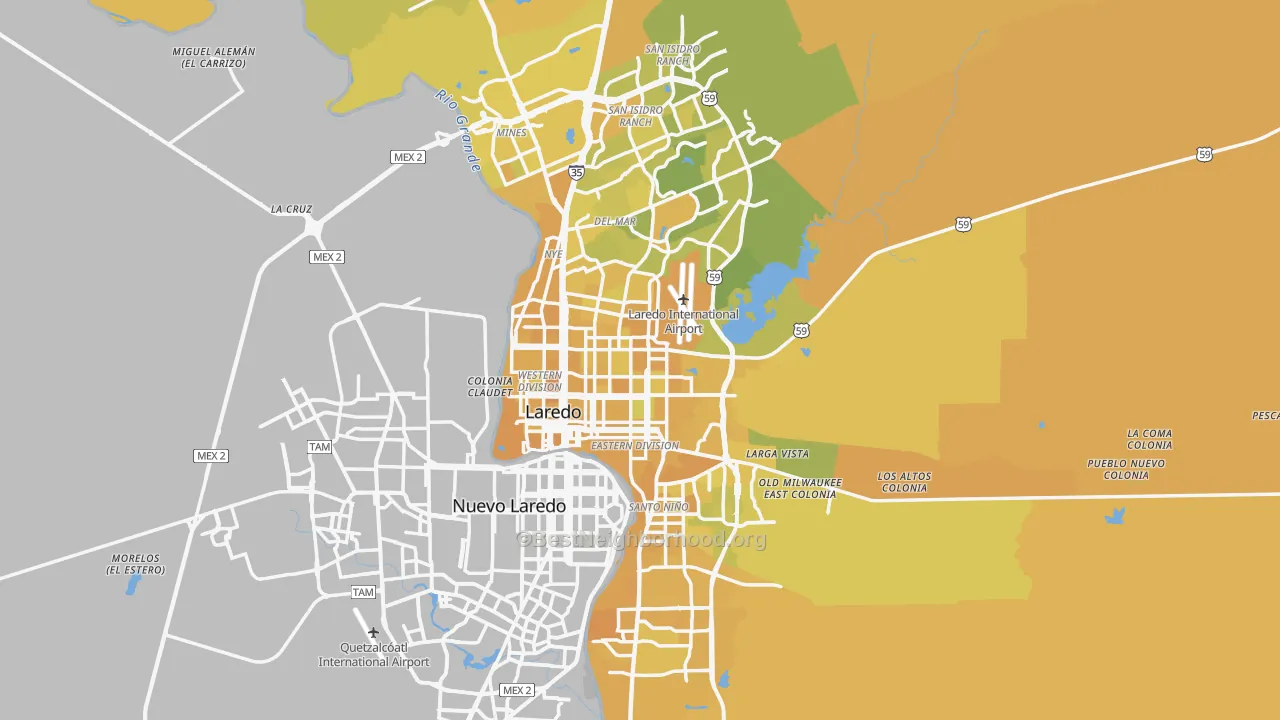 Map of the best neighborhoods in the Laredo Metro area, with better matches in green and worse matches in red