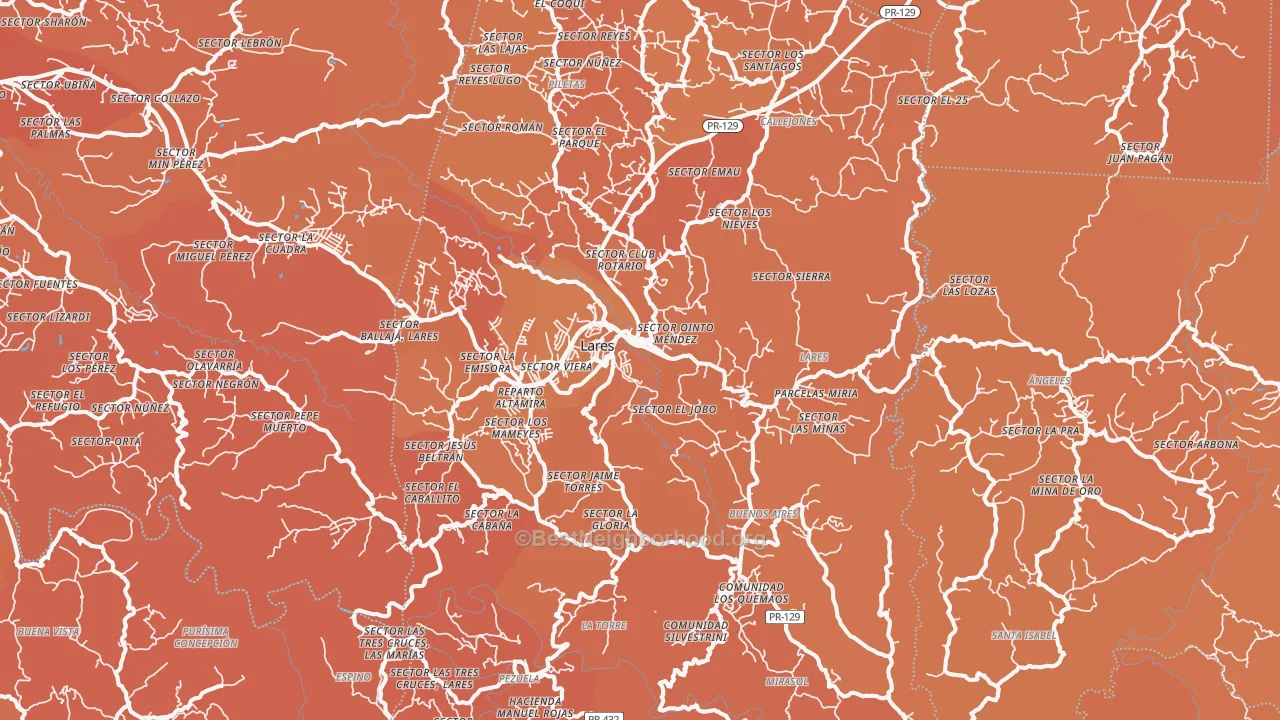 Map of the best neighborhoods in the Lares Municipio area, with better matches in green and worse matches in red