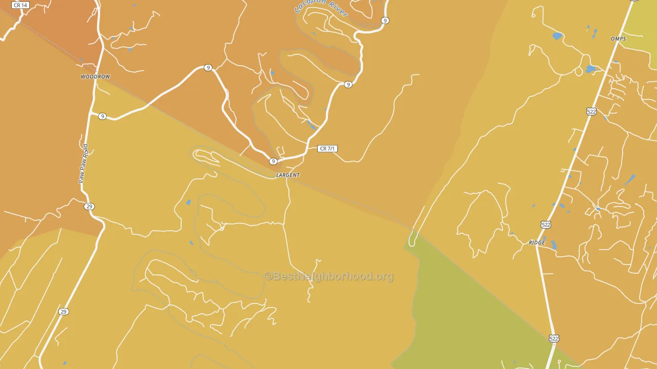 Map of the best neighborhoods in the Largent area, with better matches in green and worse matches in red