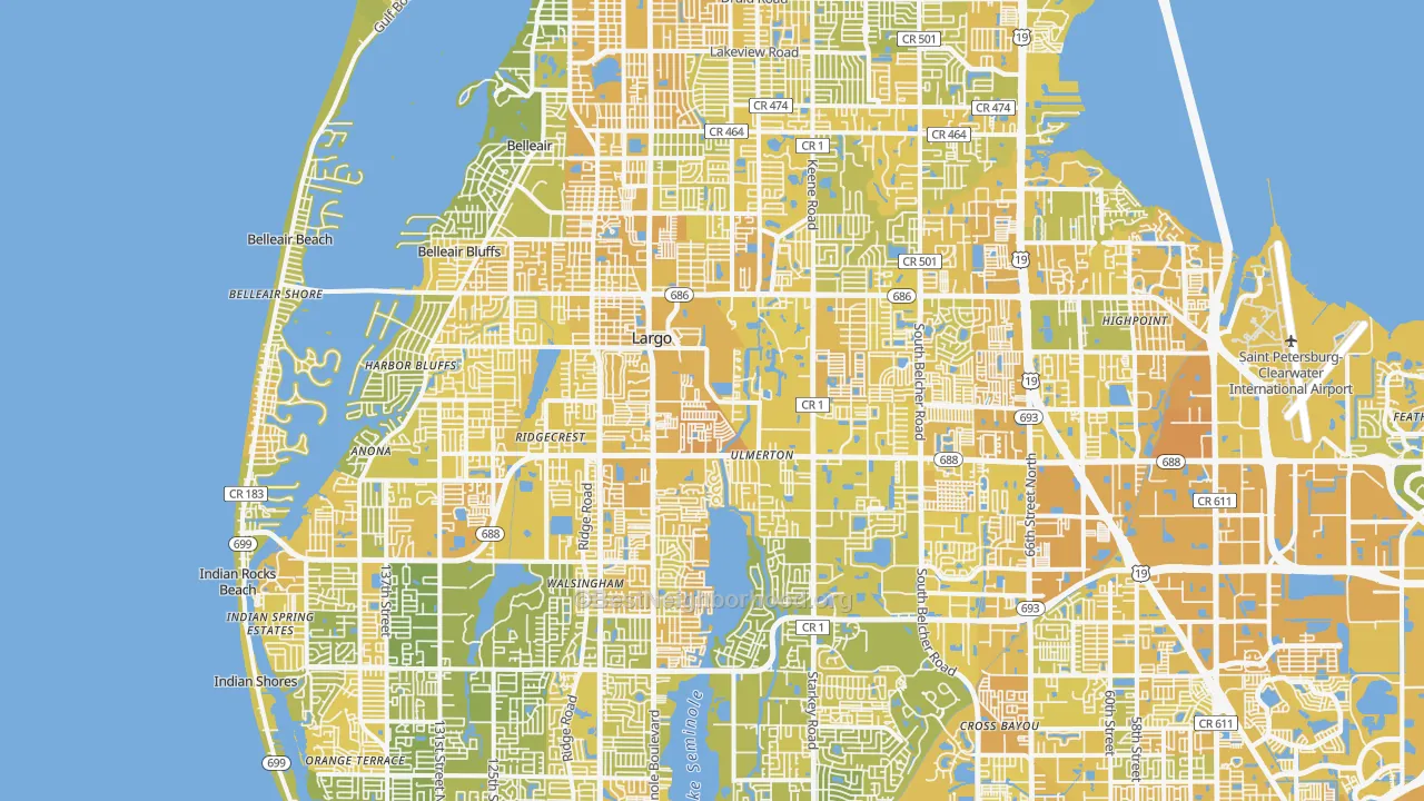 Map of the best neighborhoods in the Largo area, with better matches in green and worse matches in red