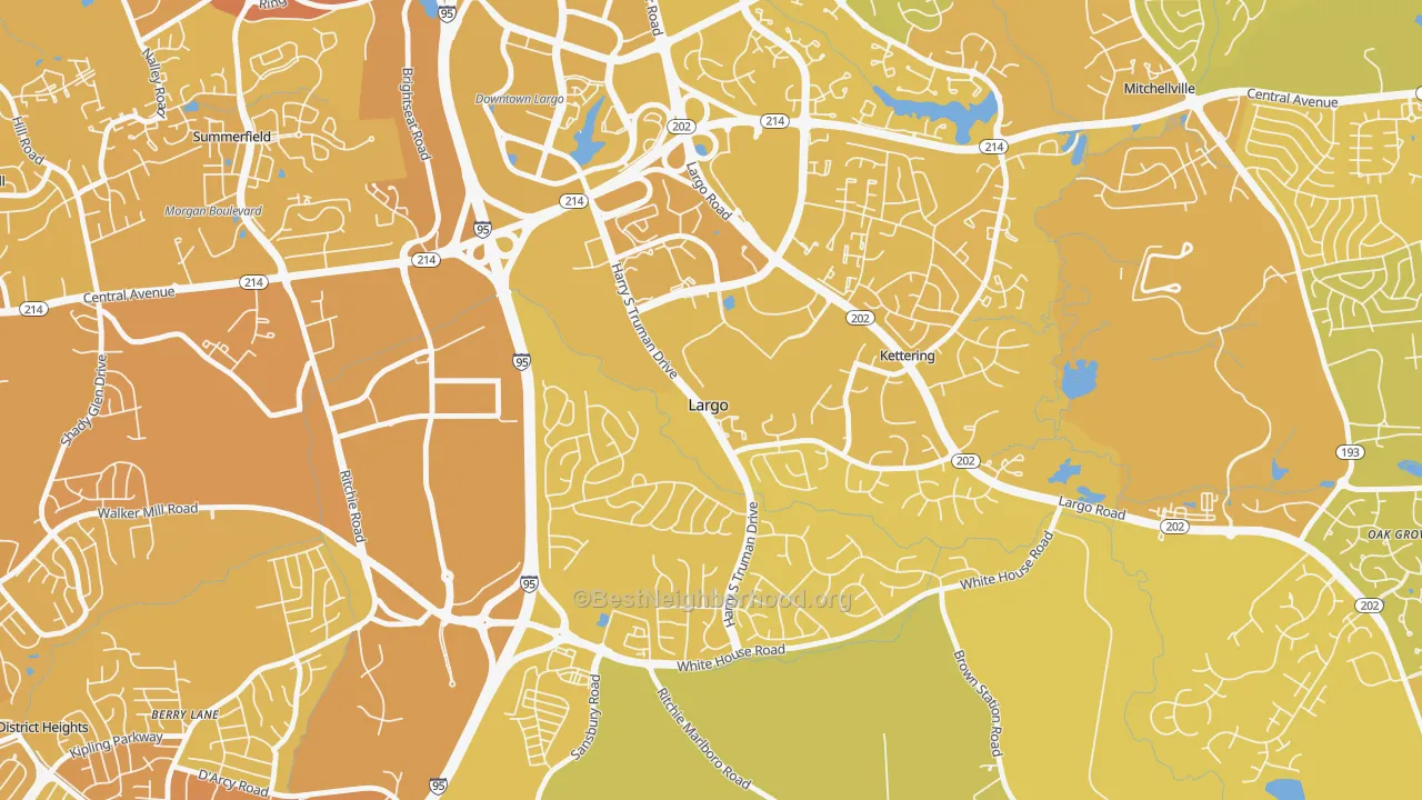 Map of the best neighborhoods in the Largo area, with better matches in green and worse matches in red