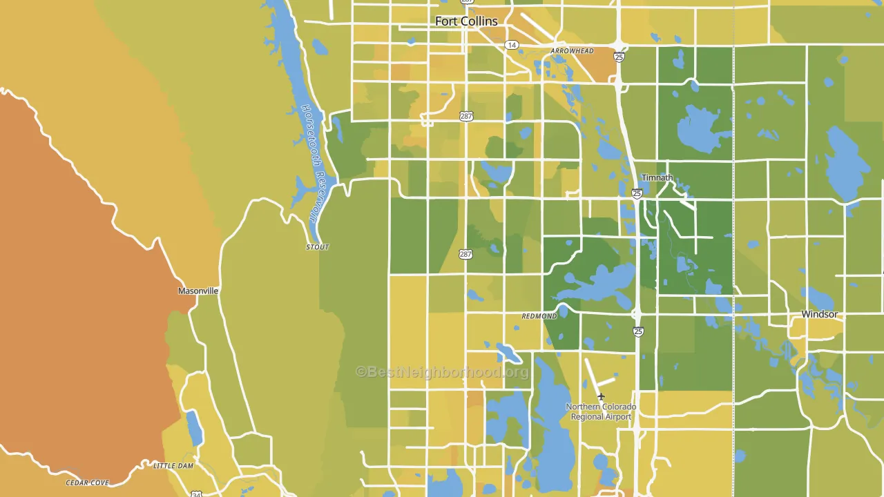 Map of the best neighborhoods in the Larimer County area, with better matches in green and worse matches in red