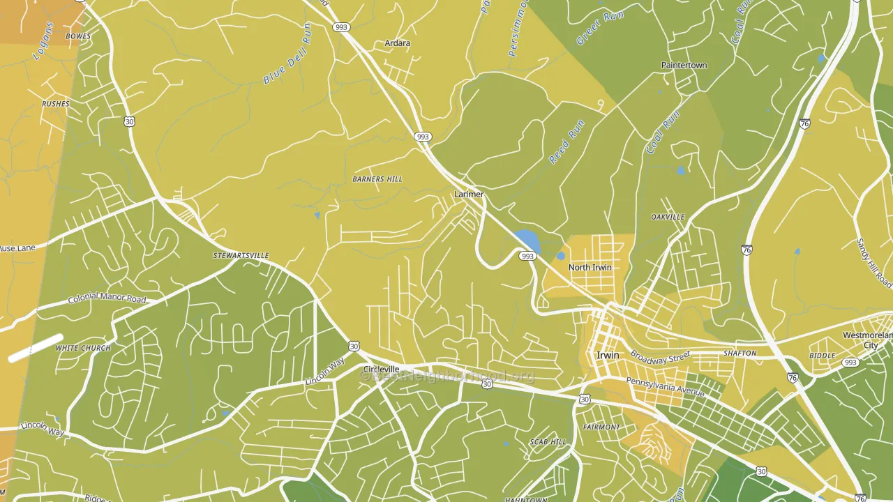 Map of the best neighborhoods in the Larimer area, with better matches in green and worse matches in red