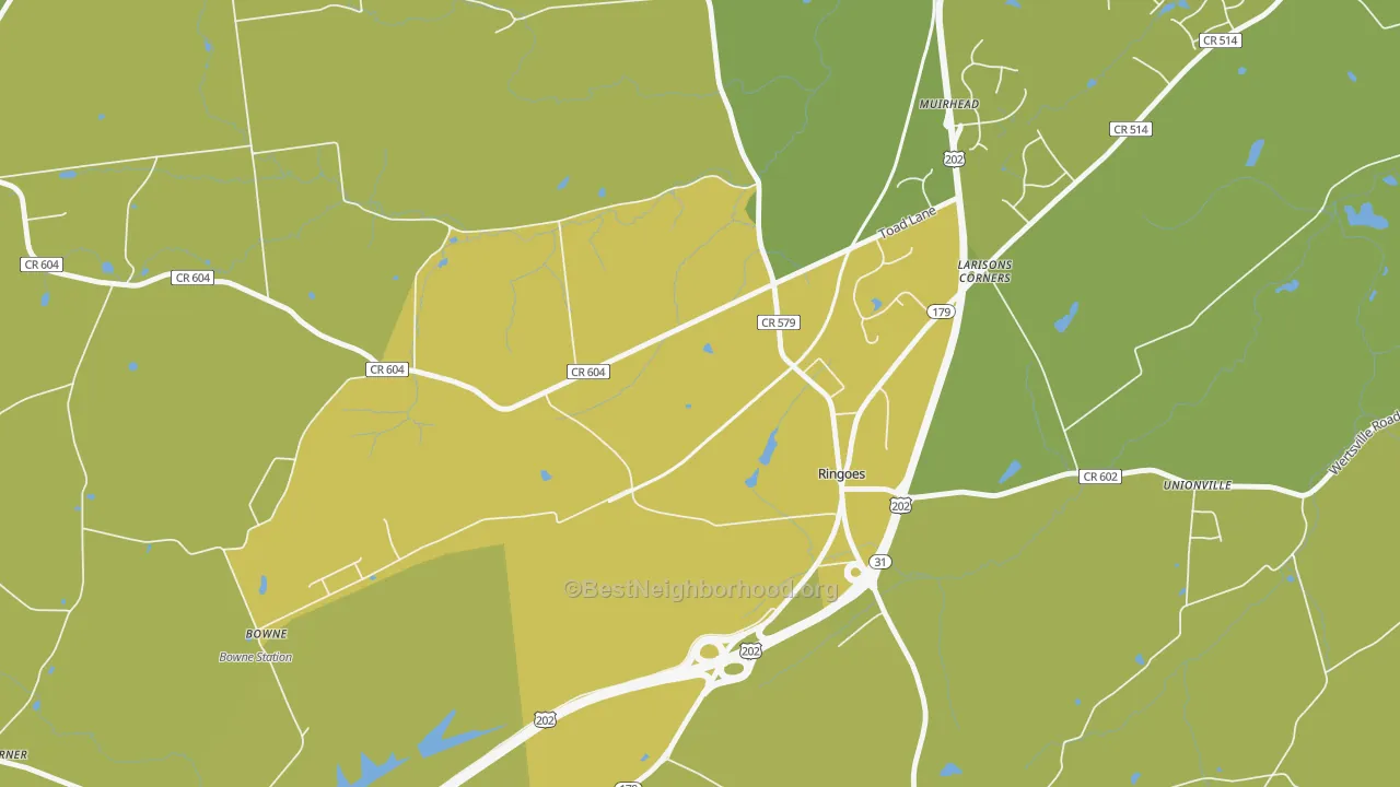 Map of the best neighborhoods in the Larisons Corner area, with better matches in green and worse matches in red