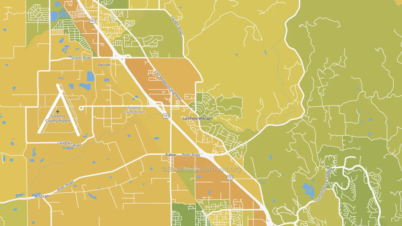 Map of the best neighborhoods in the Larkfield-Wikiup, Santa Rosa area, with better matches in green and worse matches in red