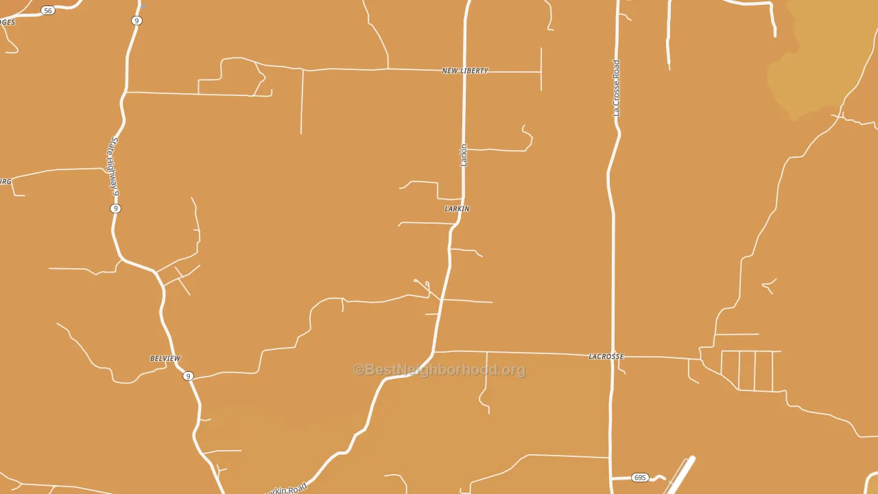 Map of the best neighborhoods in the Larkin area, with better matches in green and worse matches in red