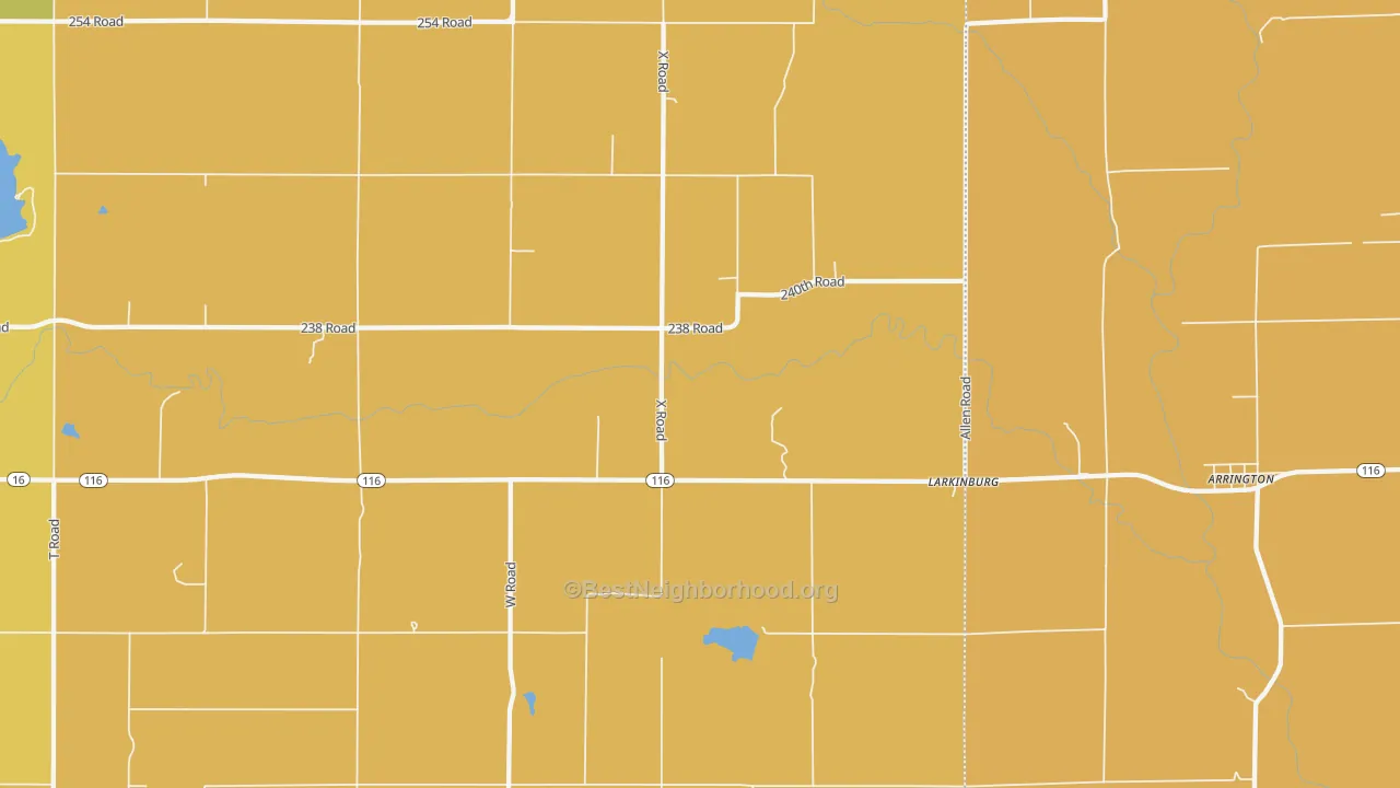 Map of the best neighborhoods in the Larkinburg area, with better matches in green and worse matches in red