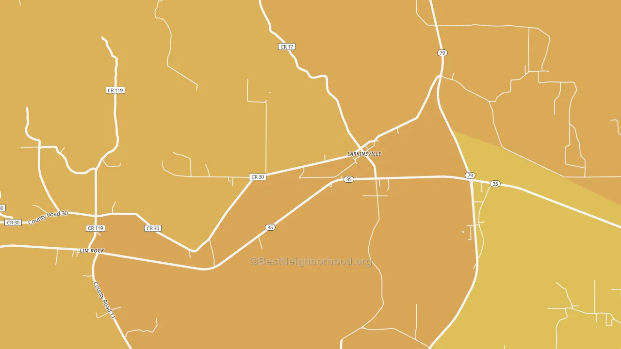 Map of the best neighborhoods in the Larkinsville area, with better matches in green and worse matches in red