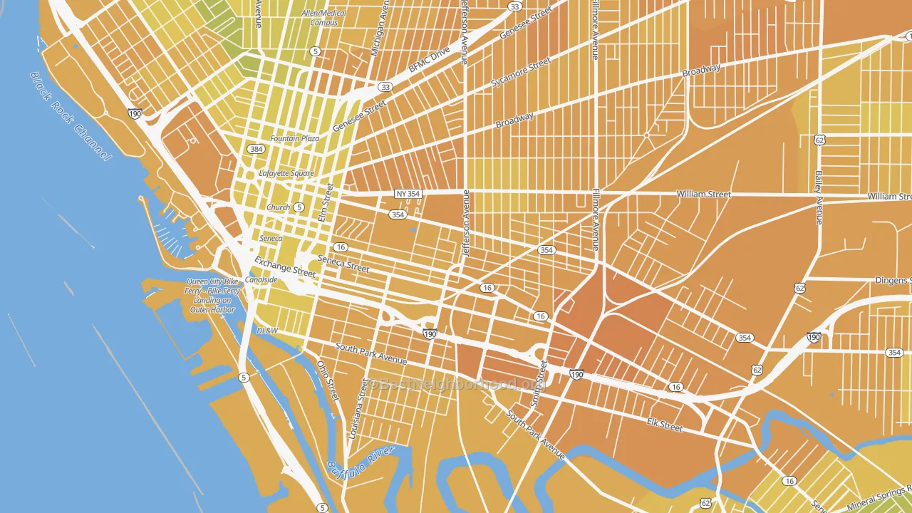 Map of the best neighborhoods in the Larkinville, Buffalo area, with better matches in green and worse matches in red