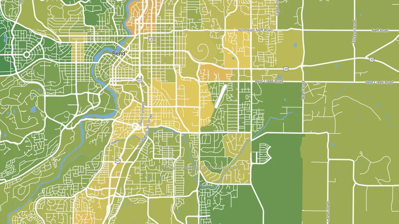 Map of the best neighborhoods in the Larkspur, Bend area, with better matches in green and worse matches in red