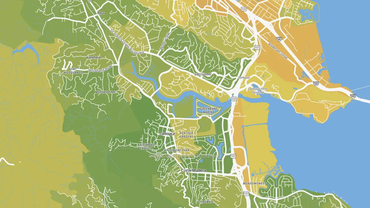 Map of the best neighborhoods in the Larkspur area, with better matches in green and worse matches in red