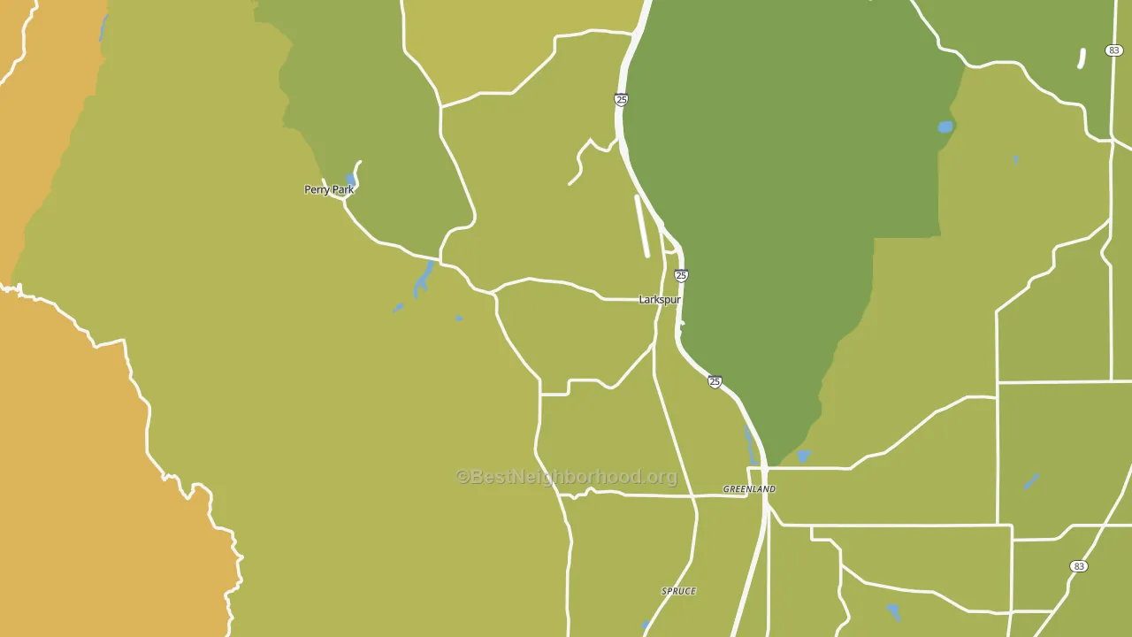 Map of the best neighborhoods in the Larkspur area, with better matches in green and worse matches in red