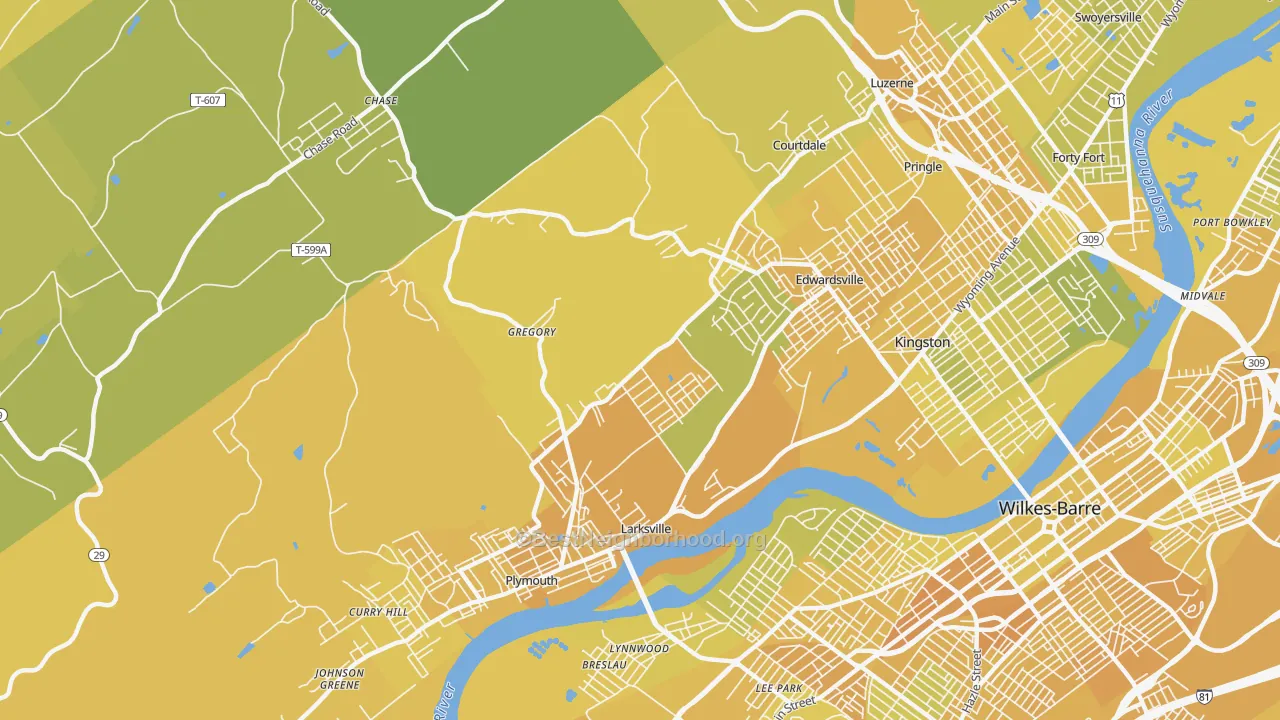 Map of the best neighborhoods in the Larksville area, with better matches in green and worse matches in red