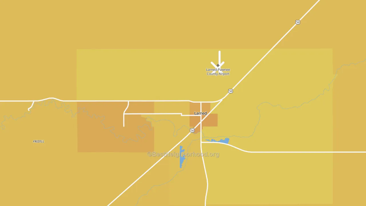 Map of the best neighborhoods in the Larned area, with better matches in green and worse matches in red